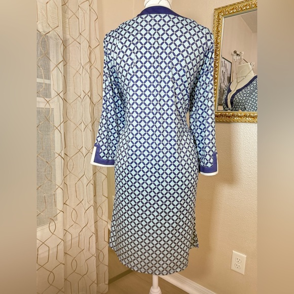 Caribbean Joe Dress Women's Large Blue White Geometric Print Tunic 3/4 Sleeve - Picture 5 of 8